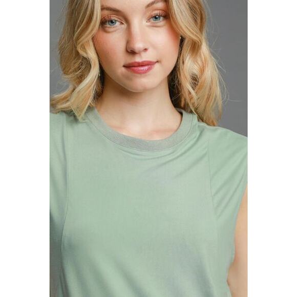 Umgee Round Neck Sleeveless High-Low Curved Hemline Mini Dress | Dusty Mint - Picture 5 of 5